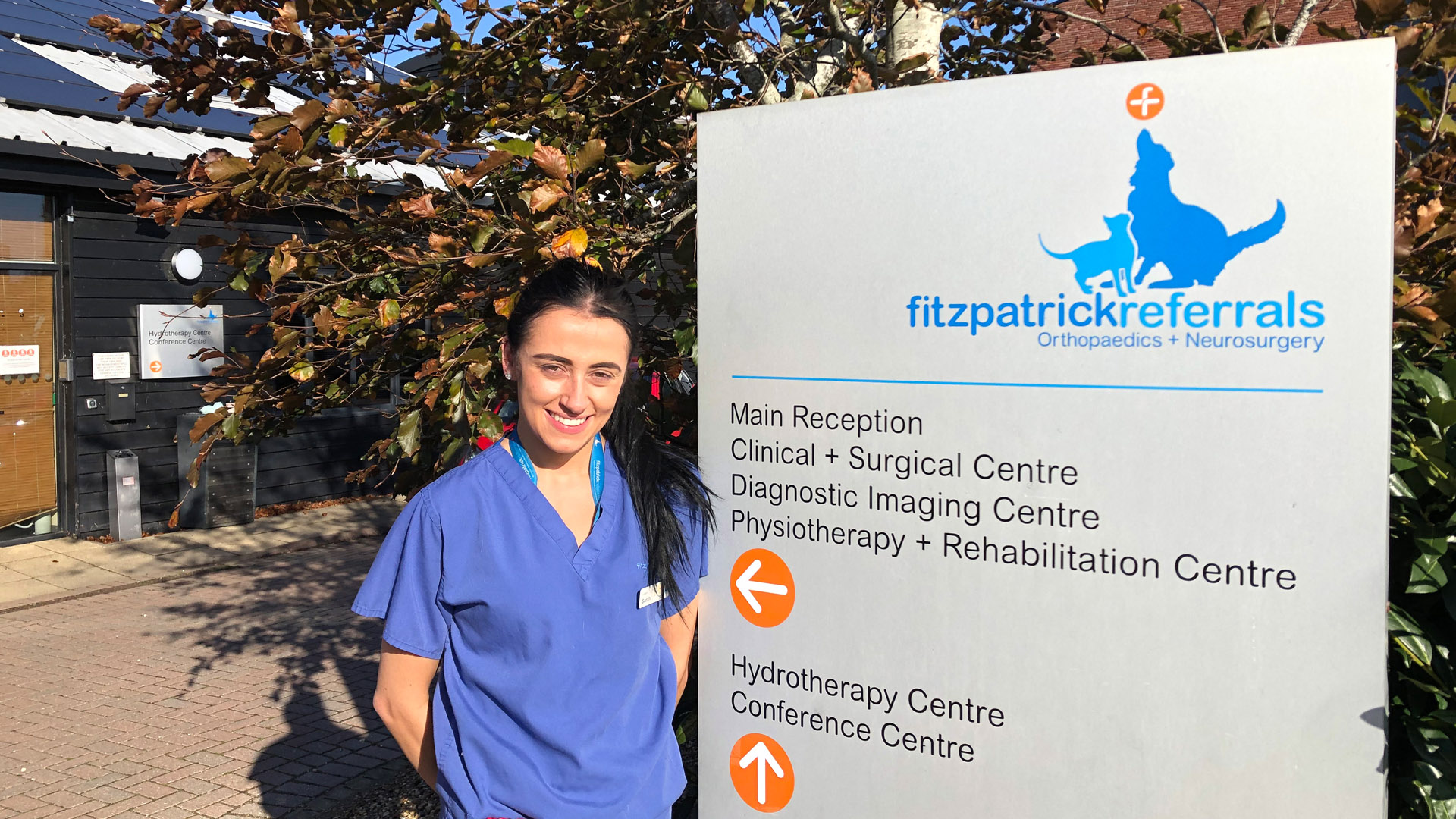 Surgical Intern Dr Sarah Lynam standing outside Fitzpatrick Referrals