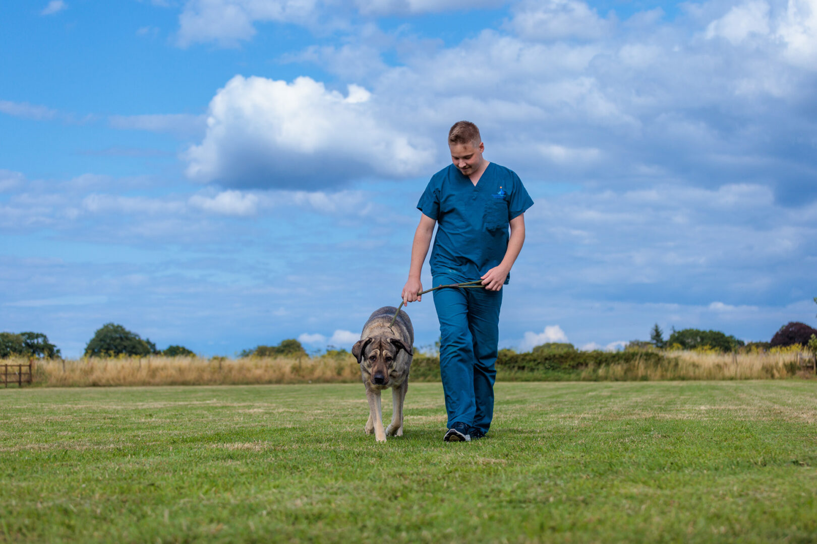 Ward Nurse walking dog on grass