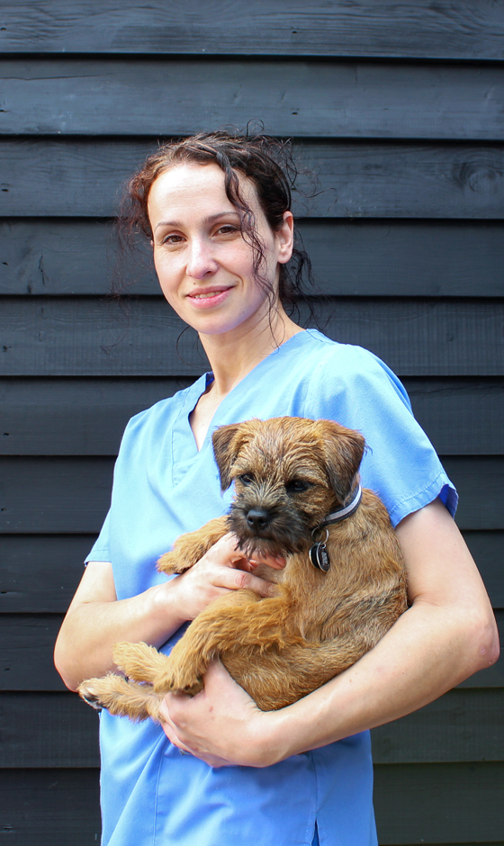Dr Nadia Shihab holding a border terrier puppy