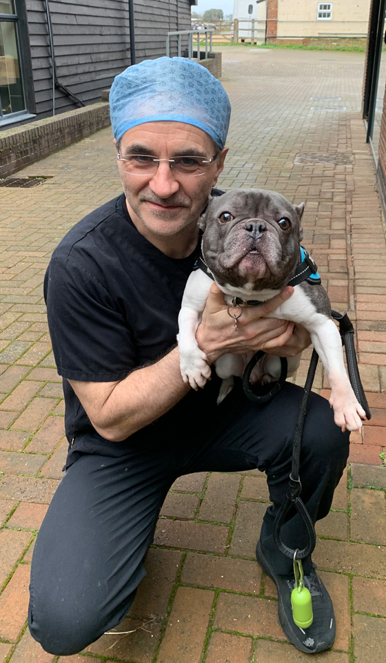 Professor Noel Fitzpatrick holding French bulldog
