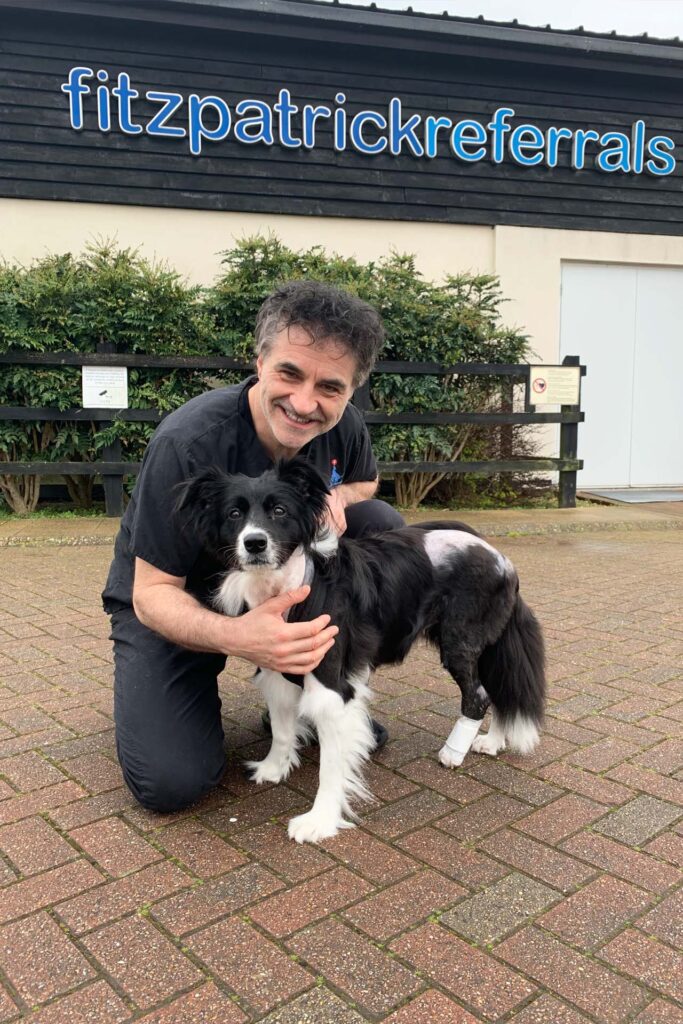 Professor Noel Fitzpatrick with border collie dog outside Fitzpatrick Referrals specialist hospital