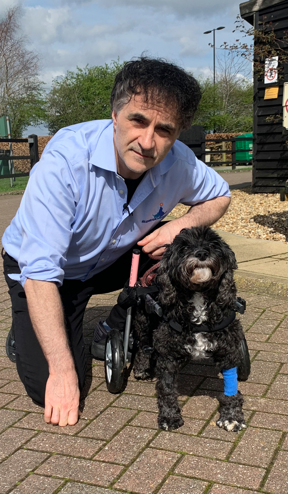Professor Noel Fitzpatrick with paralysed dog fitted with wheels