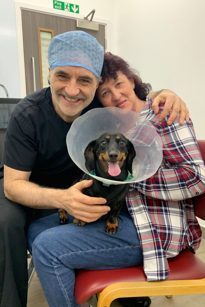 Miniature dachshund wearing a cone being held by a lady and vet Noel Fitzpatrick