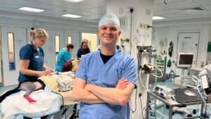 Veterinary surgeon standing in prep at a vet hospital