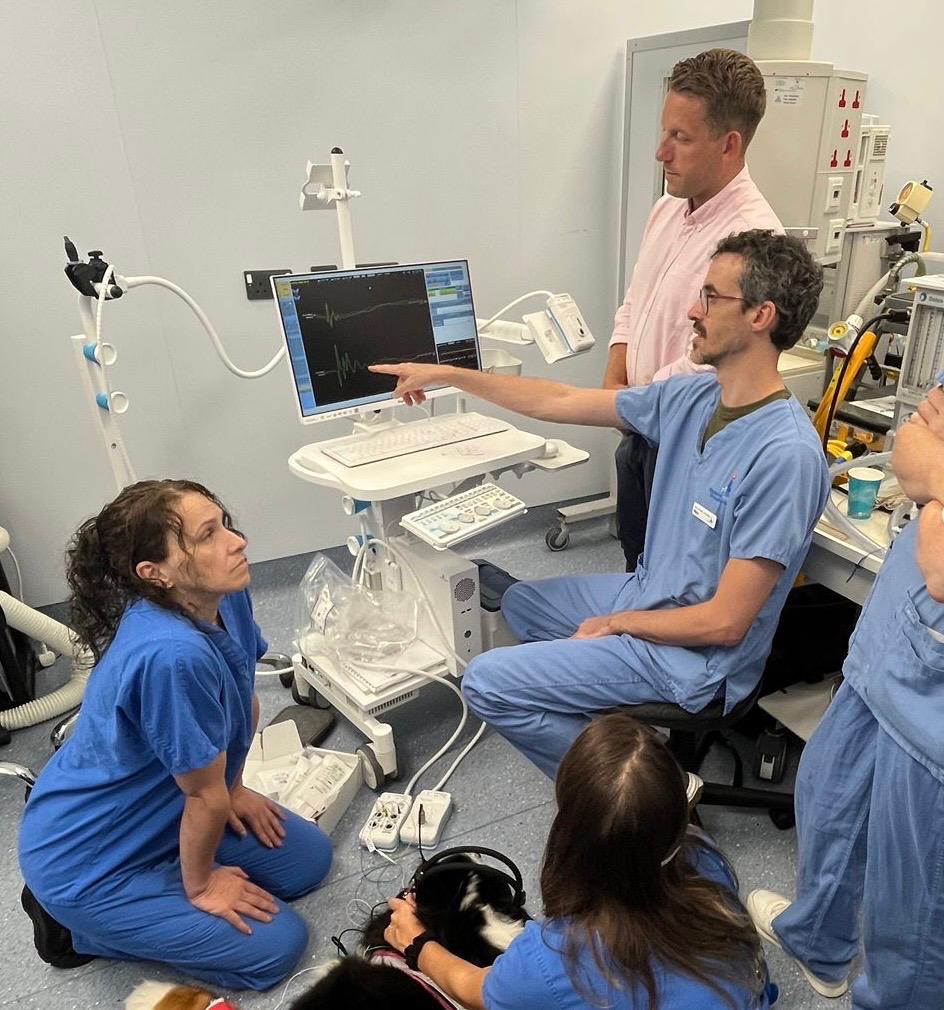 Neurologist pointing at electrodiagnostic equipment screen and discussing patient with colleagues