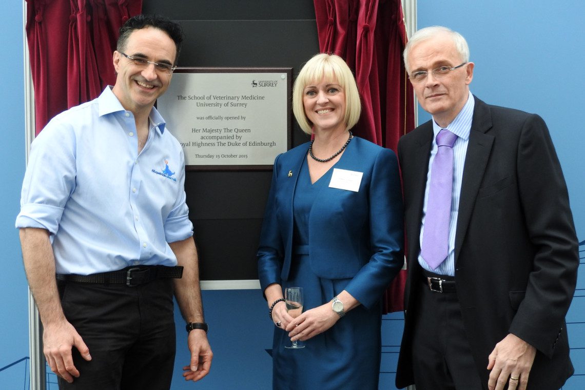 Professor Noel Fitzpatrick with Professor Lisa Roberts and Sir Christopher Snowden