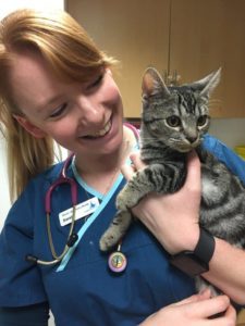 Senior Veterinary Nurse, Sarah King, with Cutie Pie the cat