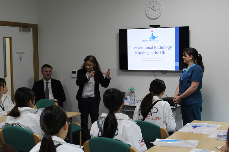 Japanese students with Interventional Radiology Senior Nurse Jen O'Keefe at Fitzpatrick Referrals Oncology & Soft Tissue hospital