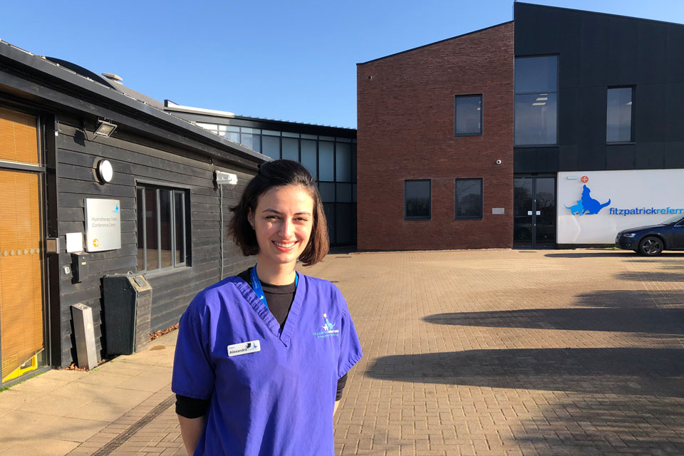 Veterinary Intern Alexandra outside Fitzpatrick Referrals Orthopaedics and Neurology practice