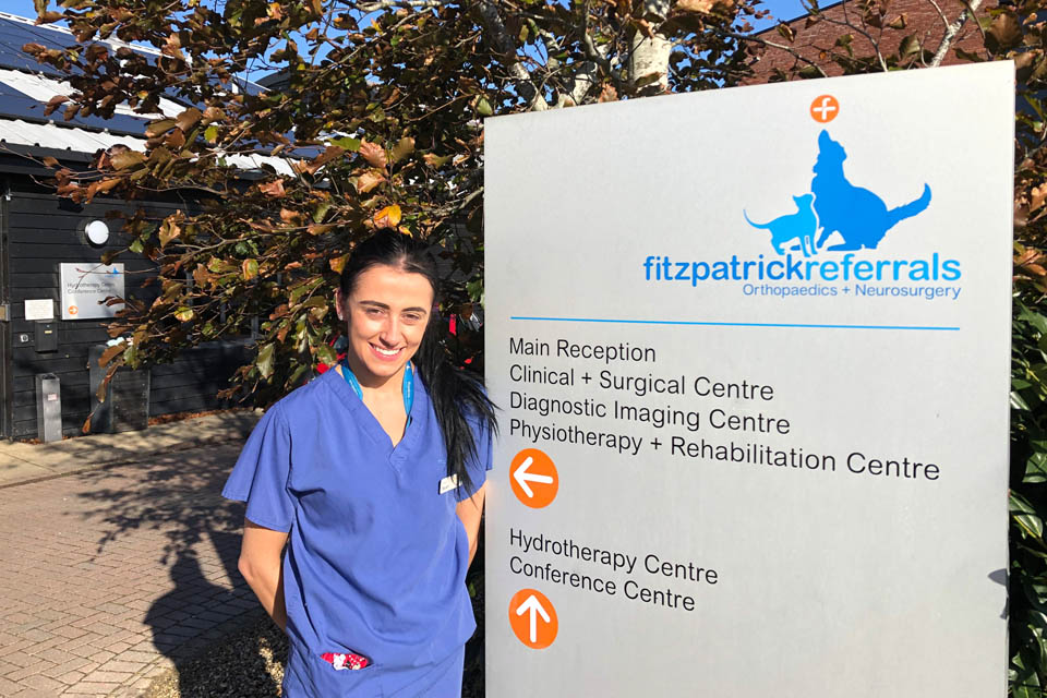 Surgical Intern Dr Sarah Lynam outside Fitzpatrick Referrals