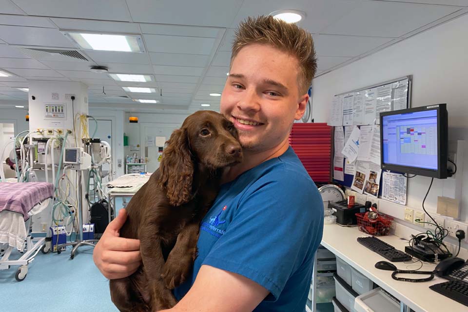 Registered Veterinary Nurse cuddling a brown cocker spaniel puppy